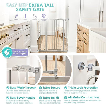 Regalo Safety 36” Extra Tall Baby Gate for Doorways & Bottom of Stairs, Pressure Mounted Baby Gate with Door for Babies, Toddlers & Pets, Tested & Safe, American Designed and Owned, Platinum