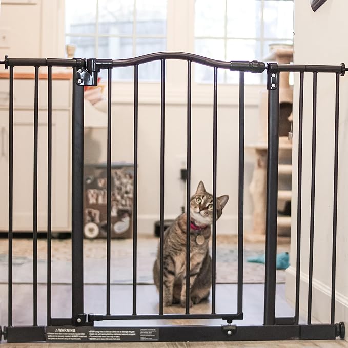 MyPet Windsor Arch Hold-Open & Auto-Close Pressure-Mount Pet Gate: Heavy-Duty Steel Gate 28.5in Tall Comes with Two 5in Extensions from 28in to 38in Wide in Matte Bronze