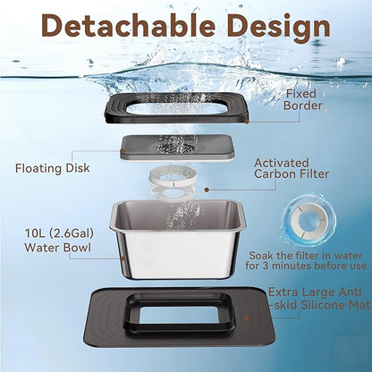 10L No Spill Dog Water Bowl, 2.6 Gal Stainless Steel No Splash Large Dog Water Bowl with Non-Slip Silicone Mat, Spill Proof Slow Drinking Pet Bowls for Messy Drinkers Indoor/Outdoor Use Black