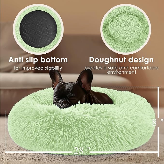 28in Large Dog Bed, Medium Size Dog and Cats, Calming Donut Bed for Puppy and Kitten, Washable Round Fluffy Pet Bed (Green)