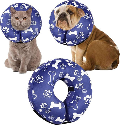 Recovery Donut Collar for Dogs & Cat,Inflatable Dog Cone Collar Alternative After Surgery,Soft Cone for Large Medium Small Dog,Adjustable Pet Neck Donut(Darkblue Bone,Small