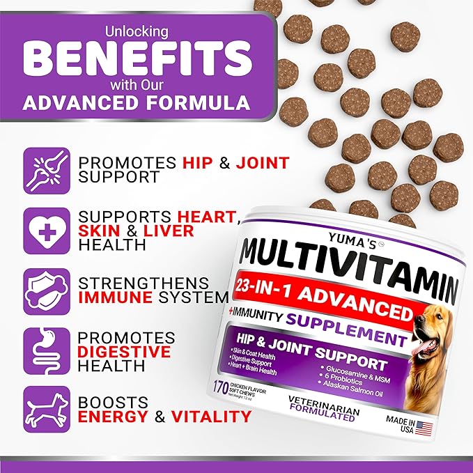 Dog Vitamins and Supplements - 170 Treats - Dog Multivitamin Chewable with Glucosamine - Senior & Puppy Multivitamin for Dogs - Hip & Joint Support - Immune Health, Skin, Heart, Digestion, Probiotics