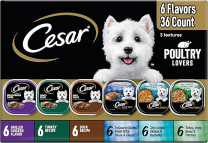 Cesar Classic Loaf in Sauce Adult Wet Dog Food Poultry Lovers Variety Pack with Real Chicken, Turkey or Duck, 3.5 oz Easy Peel Trays, 36 Count
