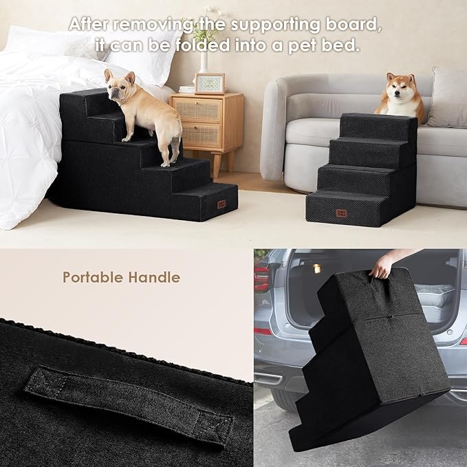 EHEYCIGA Dog Stairs for Bed 20" H, 4-Step Extra Wide Dog Steps for High Bed, Pet Steps for Small Dogs and Cats, Non-Slip Balanced Pet Ramp Indoor, Black