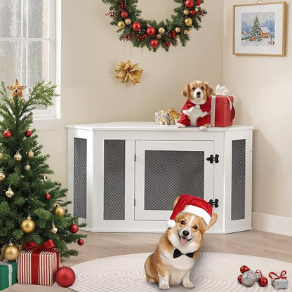 MAHANCRIS Corner Dog Crate Furniture, Wooden Dog Kennel End Table, Decorative Pet Crate Indoor Use, Furniture Style Dog House for Small Medium Dog, Dog Cage TV Stand, White and Black DCWT0801