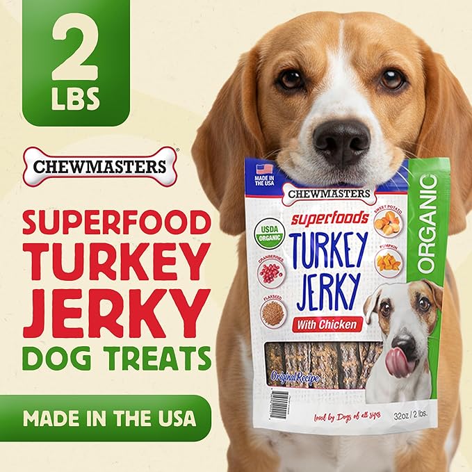 Chewmasters Organic Turkey Jerky with Chicken Dog Treat for All Life Stages - Fresh and Healthy Turkey Dog Treats - High Protein, Real Meat Snack, Grain Free, by-Product Free - USA Made, 2lb