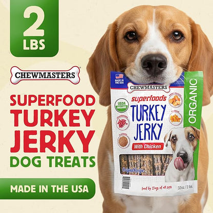 Chewmasters Organic Turkey Jerky with Chicken Dog Treat for All Life Stages - Fresh and Healthy Turkey Dog Treats - High Protein, Real Meat Snack, Grain Free, by-Product Free - USA Made, 2lb