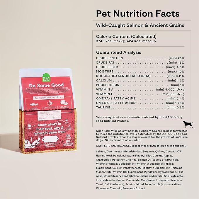 Open Farm, Ancient Grains Dry Dog Food, Protein-Rich & Nutrient Dense, 90% Animal Protein Mixed with Non-GMO Fruits, Veggies and Superfoods, Wild Caught Salmon Recipe, 4lb Bag