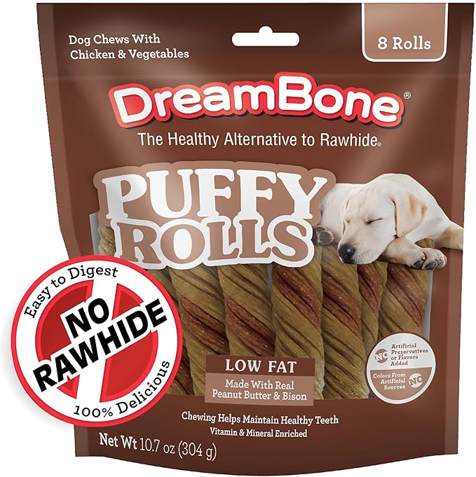 DreamBone Puffy Rolls Chews for Dogs, 8 Count, Treat Your Dog to Easy-to-Digest Rawhide-Free Chews Made with Real Peanut Butter and Bison