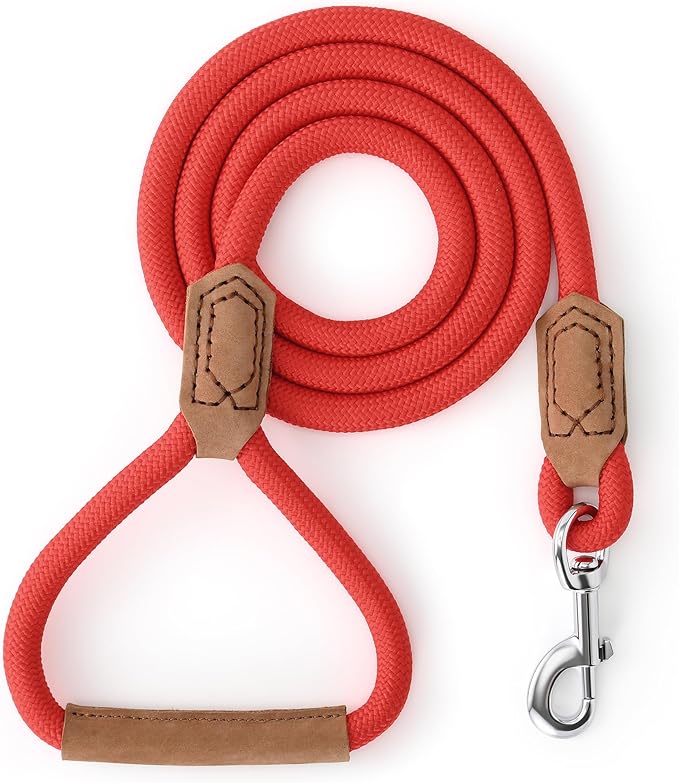 Mile High Life Leather Dog Leash, Heavy Duty Strong Genuine Leather Handle Rope Leash Soft and Comfortable for Small Medium Large Dogs (Red, 72 Inch)