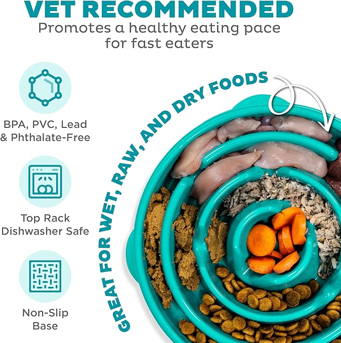 Outward Hound Fun Feeder Slo Bowl – Large 4‑Cup Capacity, Slow Feeding, Medium to Large Dogs, Non‑Slip, Turquoise, Drop Pattern