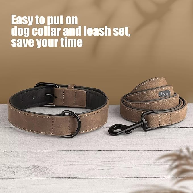 Didog Soft Padded Leather Dog Collar and Leash Set, Adjustable Dog Leash and Collar Set with Metal Buckle, Breathable Dog Collars with 4FT PU Leather Dog Leash for Small MediumDogs, Brown, M