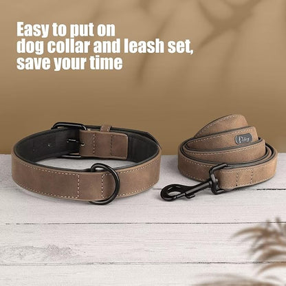 Didog Soft Padded Leather Dog Collar and Leash Set, Adjustable Dog Leash and Collar Set with Metal Buckle, Breathable Dog Collars with 4FT PU Leather Dog Leash for Small MediumDogs, Brown, M