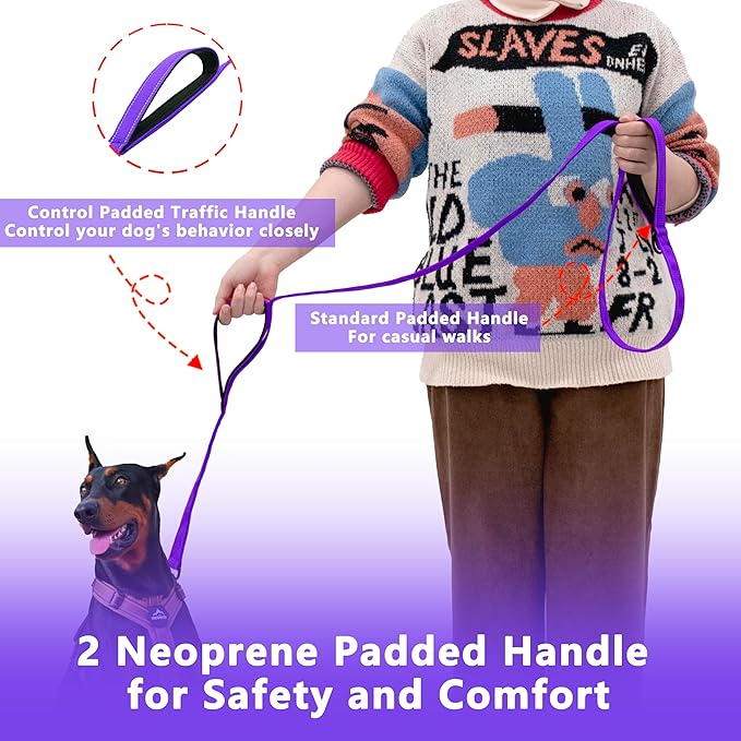 Dog Leash 4ft Long, Double Handle Dog Leash for Safety Control Training, Heavy Duty Dogs Leads with Traffic Padded Handles, Reflective Leashes for Small Medium Large Dogs(4ft, Purple)