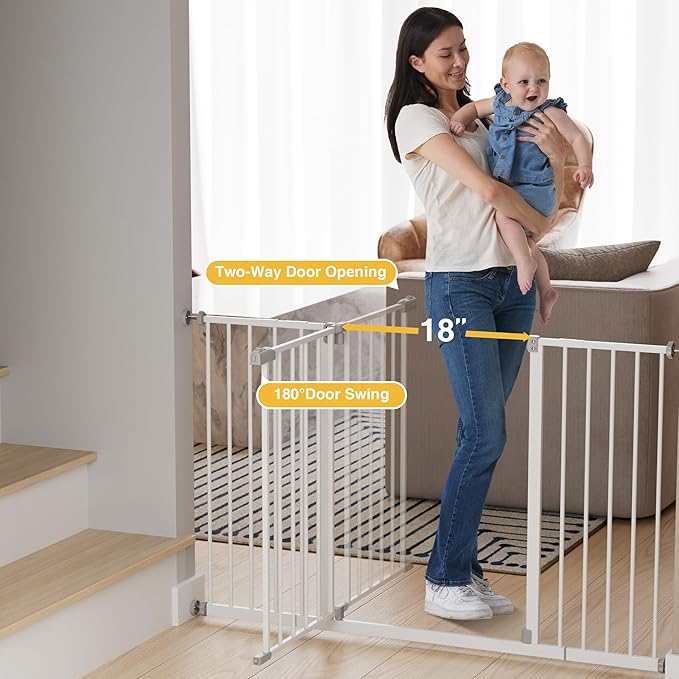 InnoTruth 29.5–49.75" Extra Wide Baby Gate for Stairs, 28" Tall Walk Through Dog Gate for Stairs & Doorways, Pressure-Mounted Safety Gate for Pets & Kids, Dual Lock & 2-Way Swing, White