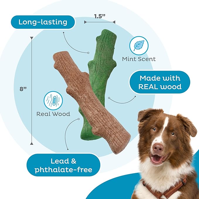 Pupstages by Petstages Dogwood Breath Dog Chew Toy – Real-Wood Blend, Moderate Chewers, Large, 8", 2-Pack (Natural & Mint Flavors)