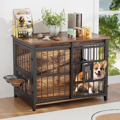 Dog Crate Furniture for Medium Dogs: Heavy Duty Chewproof Wooden Kennel Furniture - Dog Cage Table for High Anxiety - 360° Adjustable Bowls Multi-Lock Sliding Door for Indoor
