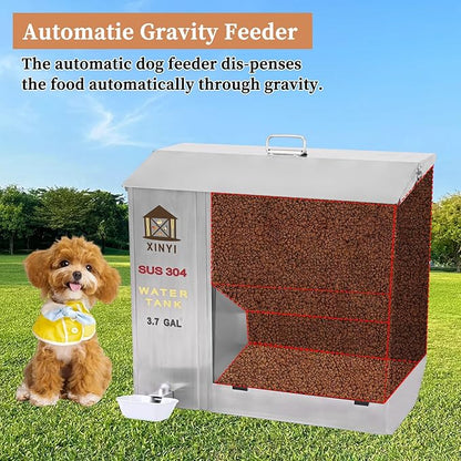Xinyi Stainless Steel Dog Feeder and Waterer 2-in-1, Gravity Dog Feeder, Aluminum Alloy Water Cup, Automatic Feeder Waterpoof and Sturdy, Transparent Acrylic Observation Window, 7.4 Gallon