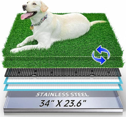 Dog Grass Pad with Tray - 34"x23.6" Large Dog Potty Indoor Outdoor - Odor-Free 4-Layer Drainage System with Stainless Steel Tray - Artificial Grass Turf for Large to Small Dogs, Balcony & Porch