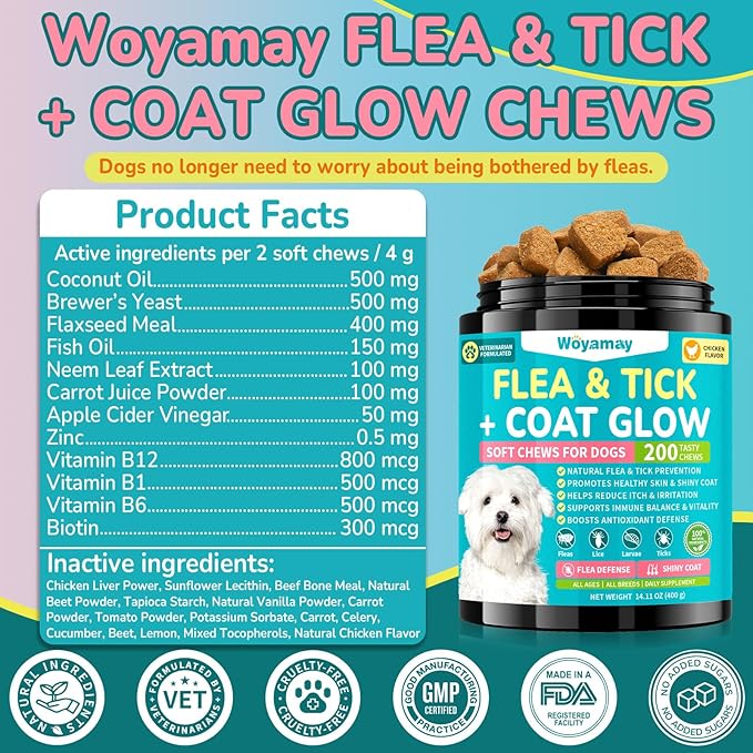 Woyamay Flea + Coat Glow Soft Chews, Natural Flea and Tick Prevention for Dogs, Dog Flea and Tick Treatment Chewable, Reduces Itch & Shedding with Fish Oil & Neem, Chicken Flavor
