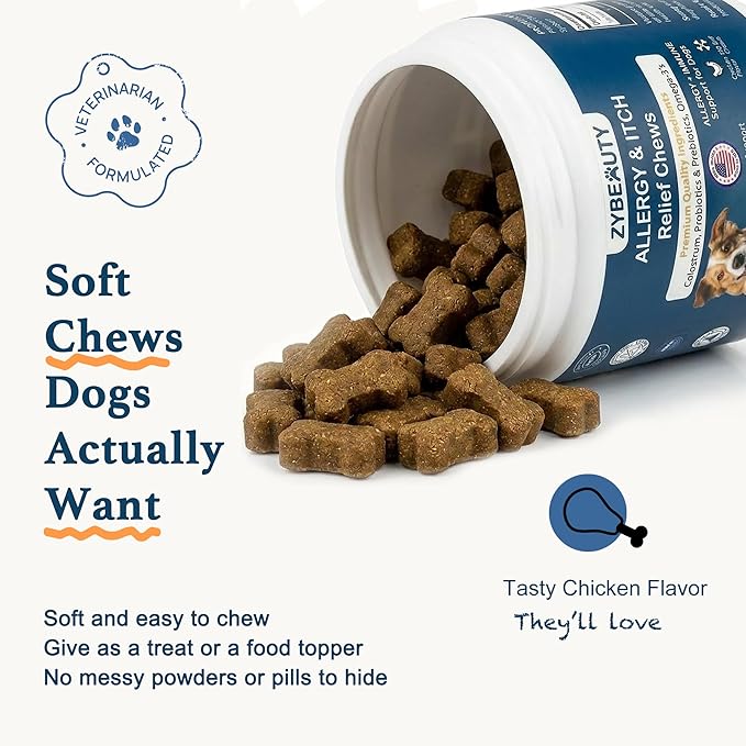 Dog Allergy Chews, Dog Probiotics for Itchy Skin Dog Allergy Relief Bites Skin and Coat Supplement Immune Support with Omega 3 Fish Oil Colostrum for Dog Seasonal Allergies Itchy Skin and Ear 120ct