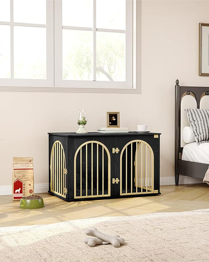 Hzuaneri 39.4" Wooden Dog Crate Furniture, Indoor Dog Kennel Dogs Cage for Small/Medium/Large Dogs, Heavy Duty Dog Crates Decorative Pet House End Side Table TV Stand, Black Gold DFC84104A