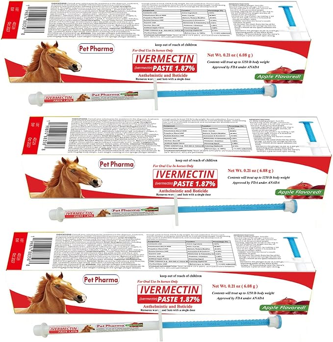 Ivermectin Paste 1.87% Only Use for Horses – Apple Flavor Oral Paste – 6.08g Syringe - Gel Dewormer for Horse - Safe for Equine of All Ages (3 - Pack)