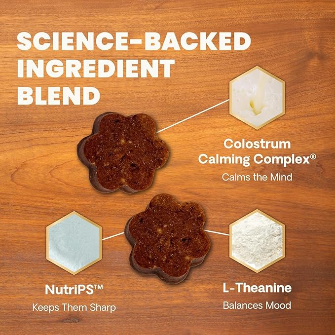 VetriScience Senior Calm & Confident Soft Chews with Colostrum and L-Theanine, Golden Years Calming, Cognition and Brain Health, Sundowners Supplement for Senior Dogs, Chicken, 60 Count