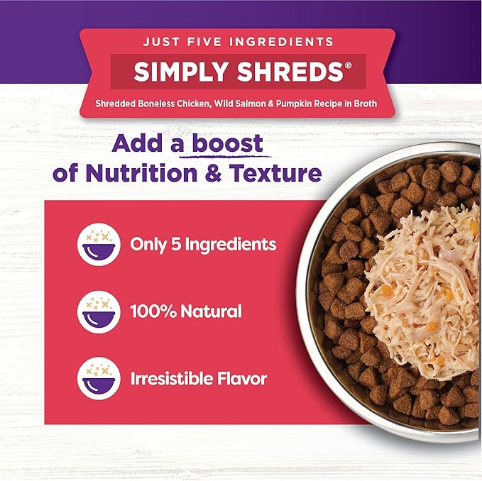 Wellness Bowl Boosters Simply Shreds Wet Dog Food Topper for Small, Medium, and Large Breeds, Grain Free, Natural, Wild Salmon and Pumpkin Recipe, 2.8 oz, Pack of 12 Pouches
