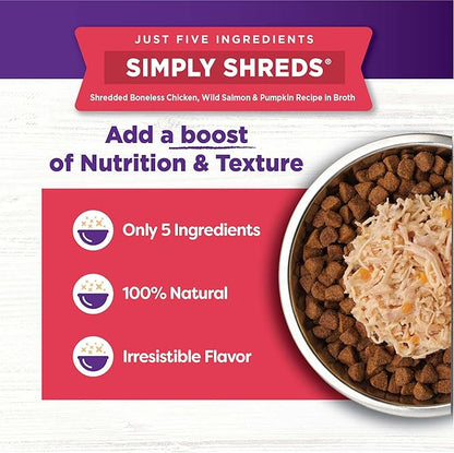 Wellness Bowl Boosters Simply Shreds Wet Dog Food Topper for Small, Medium, and Large Breeds, Grain Free, Natural, Wild Salmon and Pumpkin Recipe, 2.8 oz, Pack of 12 Pouches