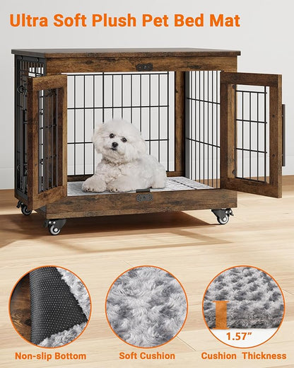 YaFiti Dog Crate Furniture with Cushion Set of 2, Wooden Dog Kennel Indoor with Double Doors, Dog Cage with Wheels, Dog House Side End Table for Small Dogs up to 30 lb, 27.2" L, Rustic Brown