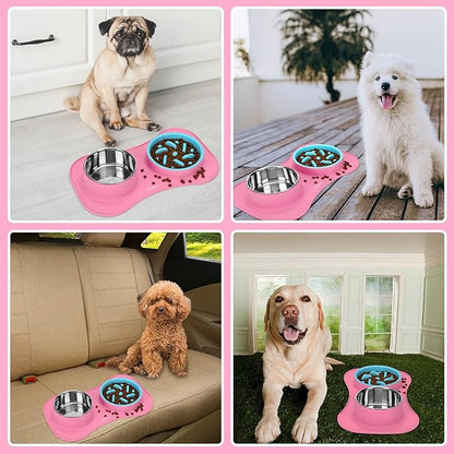 Anipaw Slow Feeder Dog Bowls 3 in 1 Stainless Steel Dog Food and Water Bowls with Non-Spill Non-Skid Silicone Mat to Slow Down Eating for Large Medium Small Breed Size Dogs and Cats