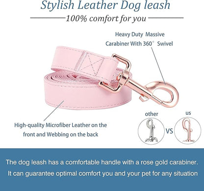 Dog Collar and Leash Set.Soft and Easy to Clean Vegan Leather with Rose Gold Metal Buckle for Small Medium Large Dogs (Pink, M(13.8"-19.7"))