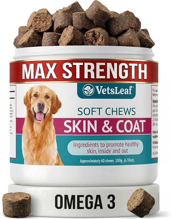 Skin & Coat Dog Chews – Collagen, Omega-3, EPA & DHA for Skin Health & Coat Shine – Antioxidant-Rich Supplement with Vitamin A & D3 – Supports Brain, Energy, and Balanced Blood Sugar