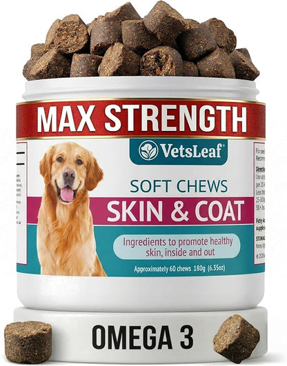 Skin & Coat Dog Chews – Collagen, Omega-3, EPA & DHA for Skin Health & Coat Shine – Antioxidant-Rich Supplement with Vitamin A & D3 – Supports Brain, Energy, and Balanced Blood Sugar
