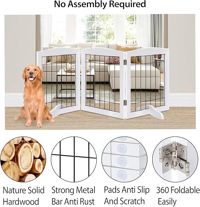 LZRS 3-Panel Freestanding Adjustable Wooden Dog Gate—30" Tall Foldable Pet Barrier with Support Feet, Chew-Resistant Solid Hardwood & Steel Wire Safety Fence for Doorways, Hallways, and Stairs, White