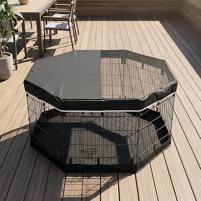 PJYuCien Dog Playpen with Top Cover and Bottom Pad - Metal Foldable Exercise Pen, 8 Panels 30" H x 24" W Indoor Outdoor Pet Fence Puppy Crate Kennel, Black