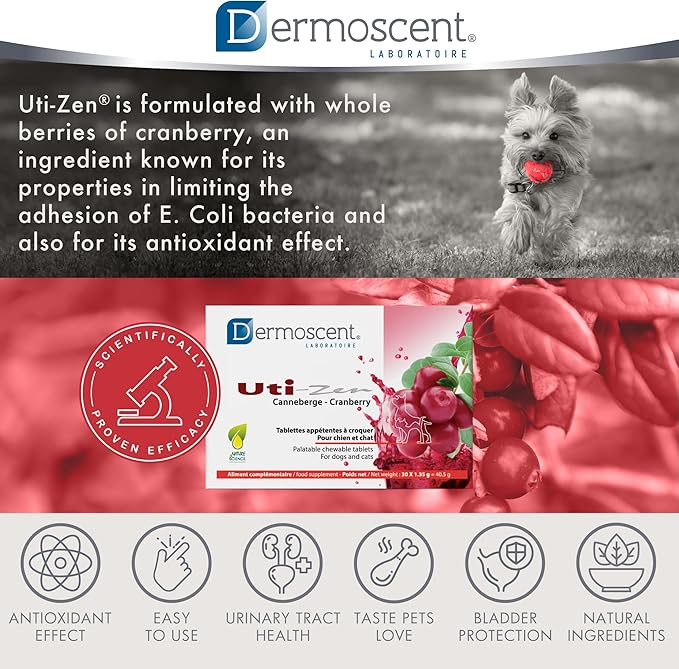 Dermoscent UTI-Zen Cranberry Tablets for Dogs & Cats Food Supplement for Bladder, Kidney & Urinary Tract Health Chicken Flavoured - 30 Tablets