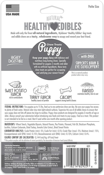 Nylabone Healthy Edibles Natural Puppy Chews Long Lasting Treats for Puppies, Turkey & Sweet Potato Flavor, X-Small/Petite (8 Count)