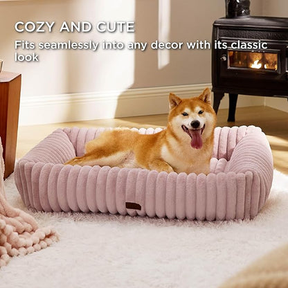 Bedsure ComfyFleece™ Cute Dog Bed for Large Dogs - Washable Furry Puppy Beds, Rectangle Orthopedic Corduroy Fleece Pet Beds with Removable Zipper Cover, 36x27x8inches, Blush Pink