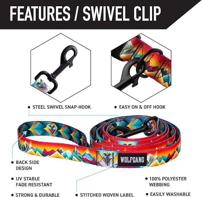 Wolfgang Heavy Duty Dog Leash, Pull-Tested for Walking & Training, MountainVibes Print, Large