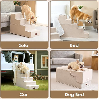 EHEYCIGA Dog Stairs for Bed 18" H, 4-Step Dog Steps for High Bed, Pet Steps for Small Dogs and Cats, Non-Slip Balanced Pet Ramp Indoor, Beige