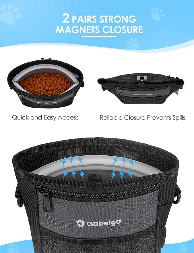Gobeigo Dog Treat Pouch, Magnetic Closure & Sealable Silicone Bag Insert, 4-Cup Capacity – Belt Clip/Waist Belt/Crossbody Wear, Clicker Included – Great for Pet Training & Walking (Gray)