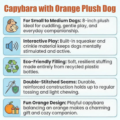 SPOT Capybara with Orange Plush Dog Toy, Soft Stuffed Squeaky & Crinkle Toy for Calm and Gentle Play, Adorable Capybara, for Light Chewers and Small Dogs, 8 Inch