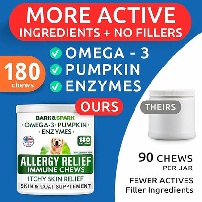 BARK&SPARK Dog Allergy Relief Soft Chews for Skin Health & Seasonal Allergies - Anti-Itch Supplement w/Omega-3, Quercetin & Bromelain Immune Treats for Dry Skin & Hot Spots - Grilled Chicken - 180ct