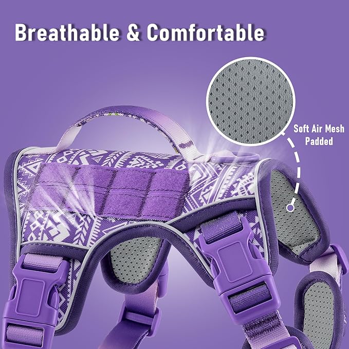 AUNZO Tactical Dog Harness for Large Dogs No Pull Easy Walking Adjustable Pet Harness Reflective K9 Working Training Easy Control Pet Vest Military Service Dog Harnesses Purple Ethnic L