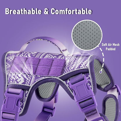 AUNZO Tactical Dog Harness for Large Dogs No Pull Easy Walking Adjustable Pet Harness Reflective K9 Working Training Easy Control Pet Vest Military Service Dog Harnesses Purple Ethnic L