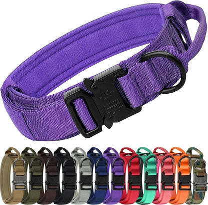 Joytale Tactical Dog Collar with Handle and Metal Buckle, Heavy Duty Padded Military Collar with 2 Patches for Training, Adjustable for XLarge Dogs, Purple, XL
