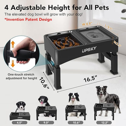 UPSKY 2-in-1 Elevated Dog Bowls Slow Feeder, 4 Height Adjustable Raised Bowls Stand, No Spill Dog Water Bowls, Anti-Slip Food and Water Bowl for Small Medium Dogs(Not Include Stainless Steel Bowl)