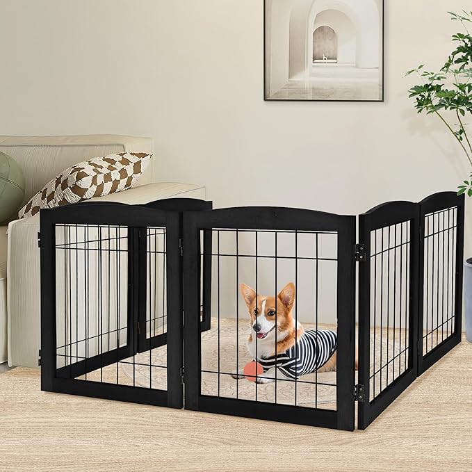 LZRS 6-Panel Extra Wide Wooden Freestanding Dog Gate: Foldable Solid Wood and Steel Wire Chew Resistant Safety Barrier for Doorways, Stairs, and Open Long Spaces Indoor Use, Black